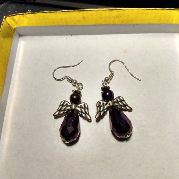 DangerousDebs Jewelry - HANDMADE DEEP PURPLE FACETED GLASS SILVER WINGED ANGEL EARRINGS CALHOUN DESIGNER